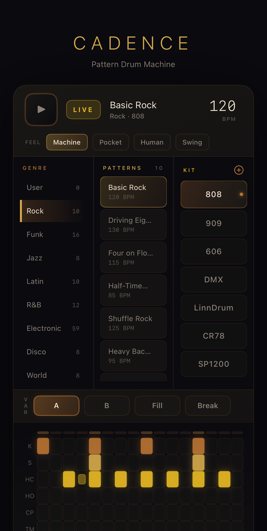 Cadence metronome and music timing app interface