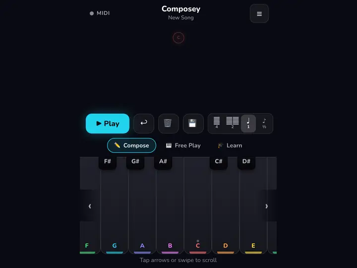 Composey kids piano composition interface with musical staff