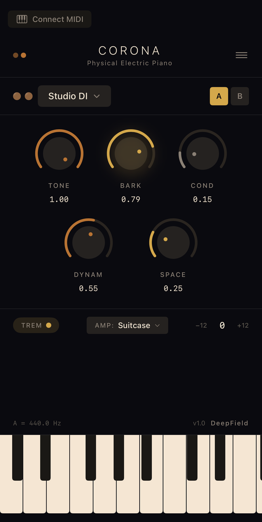 Corona physical-model electric piano interface