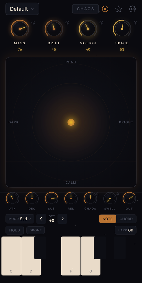Perihelion ambient drone synth interface with knobs and orb pad