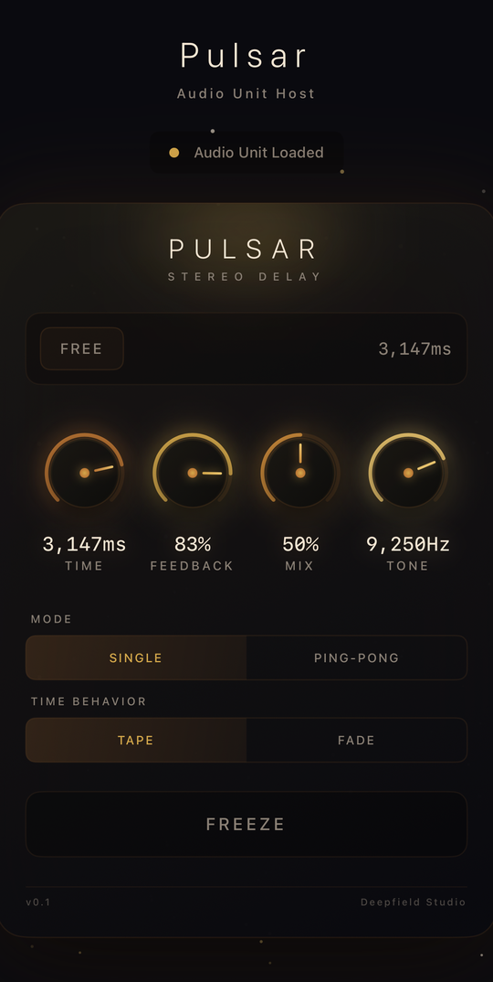 Pulsar stereo tape delay interface with knob row