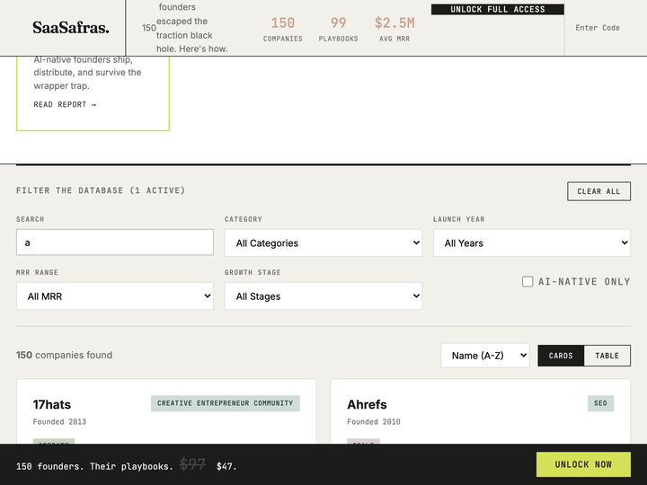 SaaSafras indie SaaS research database interface with search and filters