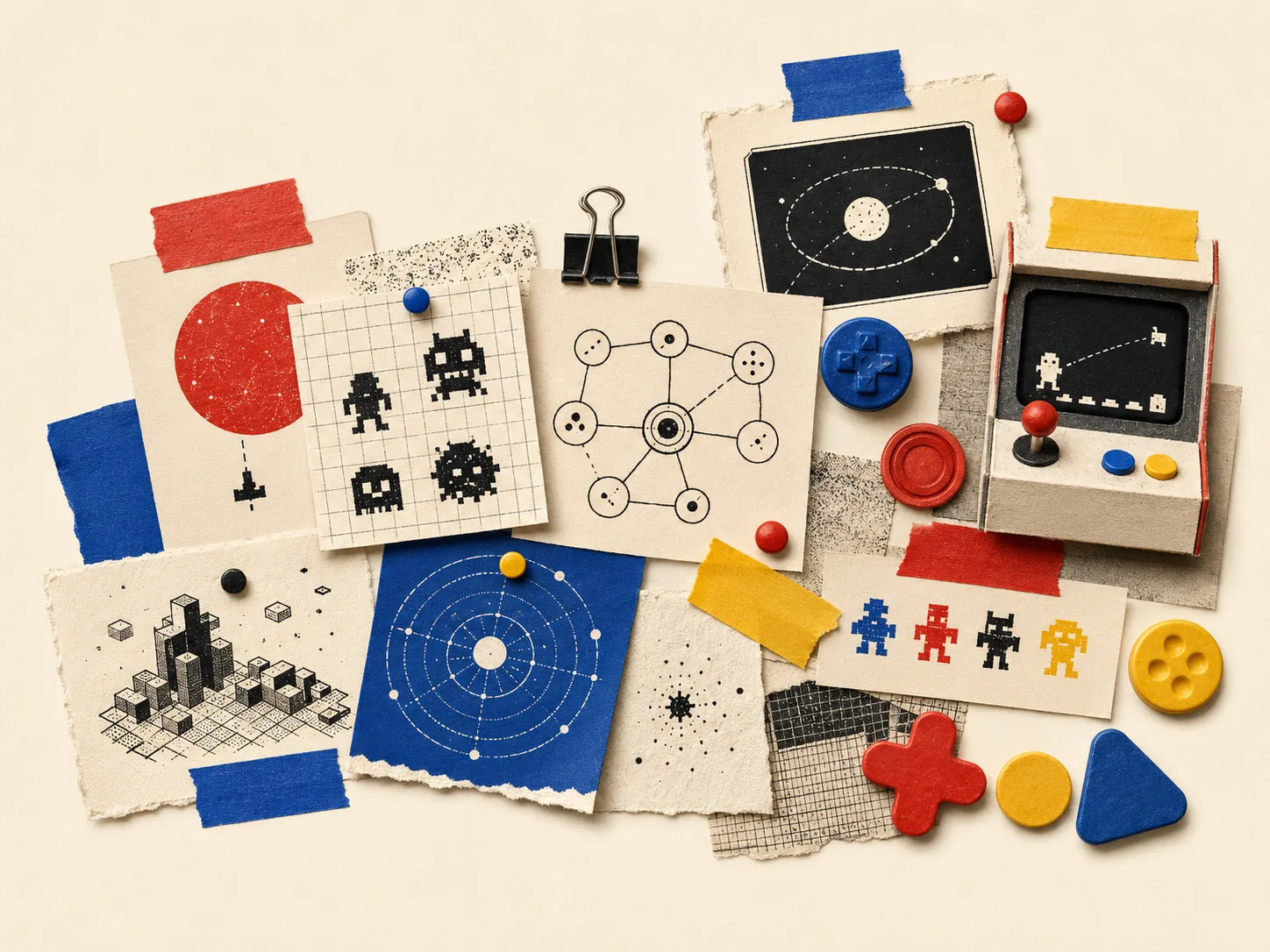 A workbench collage: torn paper scraps taped down beside pixel-art character sketches on grid paper, an orbit diagram, a hand-drawn node graph, an isometric block city, and a cardboard arcade cabinet.