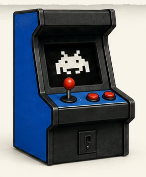 A small cardboard arcade cabinet with a blue body, a red joystick, two red buttons, and a pixel character on its screen.