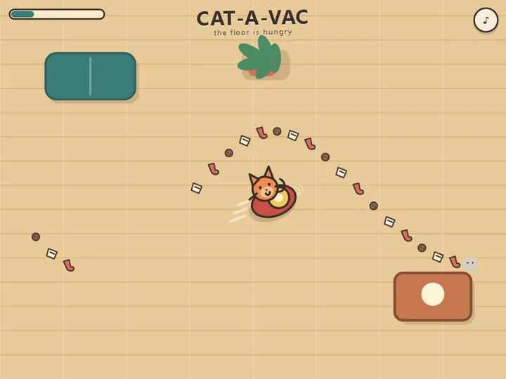 Cat-A-Vac in play: an orange cat riding a coral robot vacuum across a tan floor, chasing a winding trail of crumbs, socks and paper scraps past a teal sofa, a plant, and a dust bunny hiding by the table.