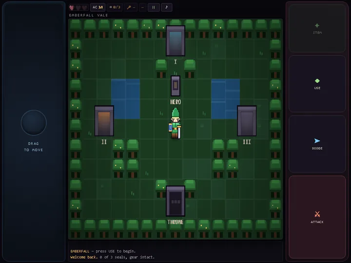 Emberfall in play: the pixel hero standing sword-drawn in the vale, dungeon doors I, II and III around him and the barred throne door below, drag pad and action buttons flanking the canvas.