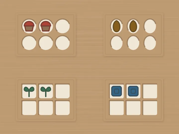 Math Facts: four wooden six-slot trays holding muffins, seeds, sprouts and blocks, each tray part-filled.