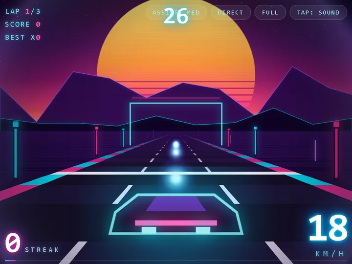 Neonrace running: a neon wireframe car on a night highway, racing toward a synthwave sunset between cyan and magenta track posts.