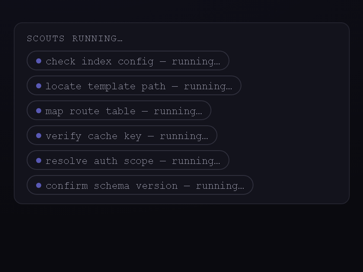 The Stem chat interface fanning a question out to three scout agents, whose status badges flip from running to done at staggered times.