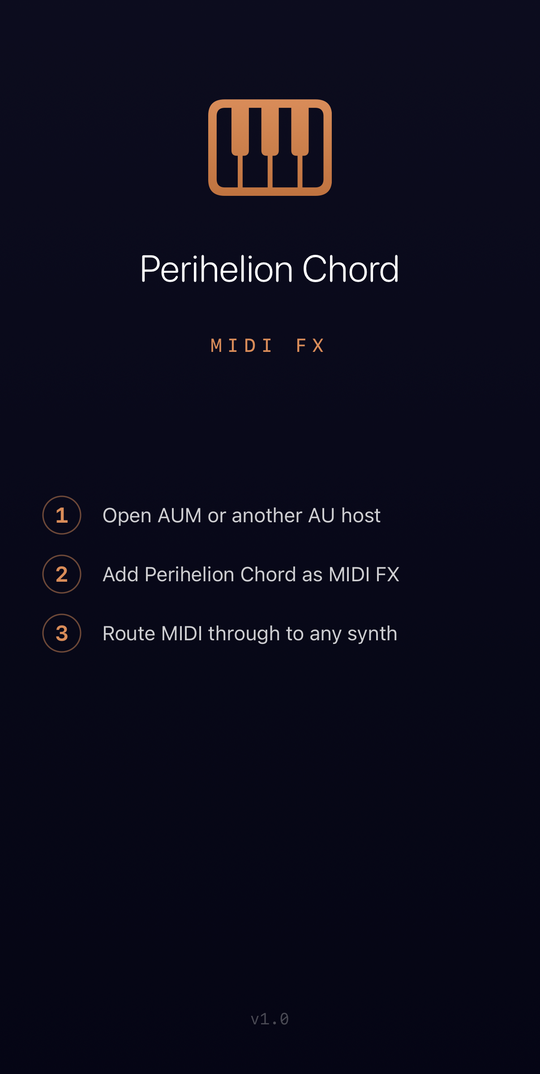 PerihelionChord standalone screen: instructions for loading the AUv3 in a host